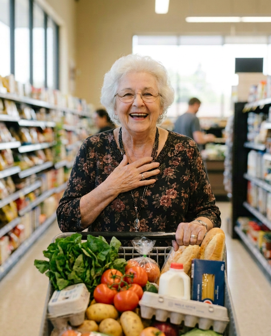 Smiling older woman with short silver hair and glasses, laughing with joy as she pushes a shopping cart full of groceries down a supermarket aisle